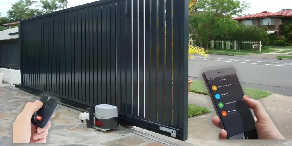 A dark sliding gate with a handheld remote and a phone showing gate controls